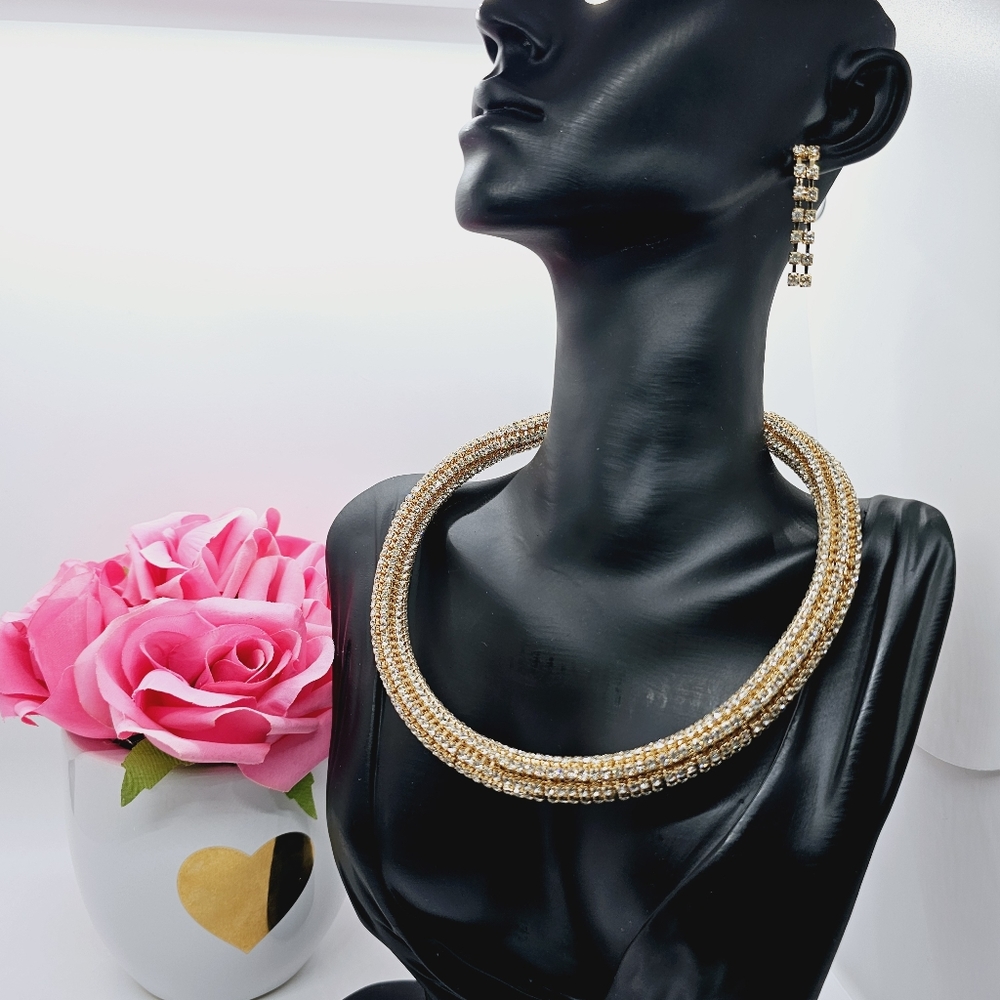 Gold Crystal Encrusted Cord & Earrings Set - NWT